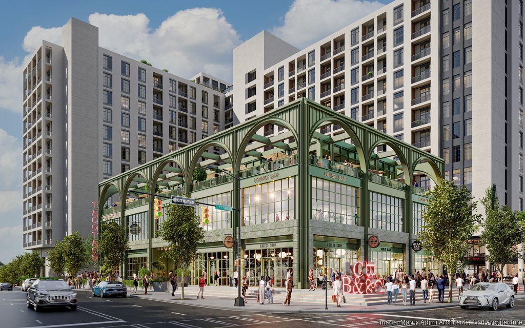 Rendering of Brooklyn & Church's retail pavilion at street level, with the converted residential towers rising behind