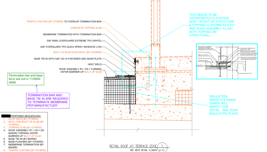 View of Shop Drawing Markups at Built-Up Balcony Slab & Roof Assembly Interface Highlighting Constructability Issues and Need for Condition Specific Detailing between TPO Membrane & Urethane Traffic Coating