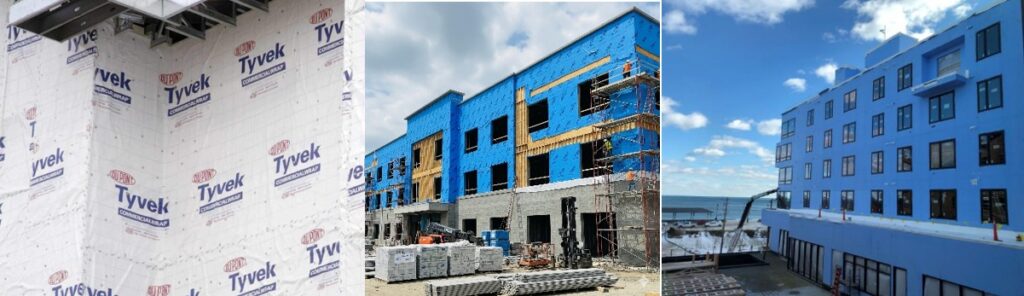 Examples of the Range of Weather-Resistive Barrier Choices for Multi-Family Residential Construction – From Left to Right: House-Wrap (Tyvek), Sheet Applied Membranes, and Fluid-Applied Membranes