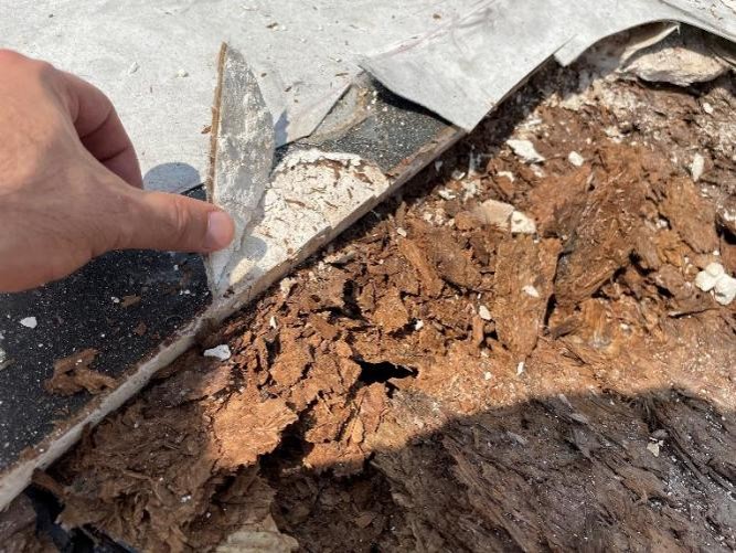 View of Hygrothermal Cross-Section (Above) Illustrating How Excessive Insulation within Roof Truss Cavities Maintains Cold Surface Temperatures at the Roof Sheathing Resulting in Condensation, Subsequent Moisture Accumulation, and Degradation of Roof Sheathing (Below)