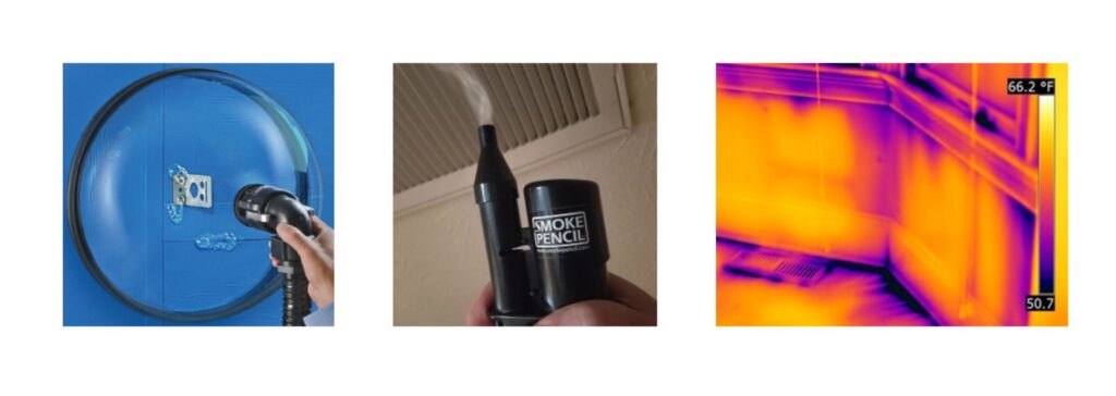  View of ASTM E1186 Tools for Identifying Localized Air Leakage – Left to Right: Localized Air Pressure Differential, Smoke Pencil, & Infrared Thermography 