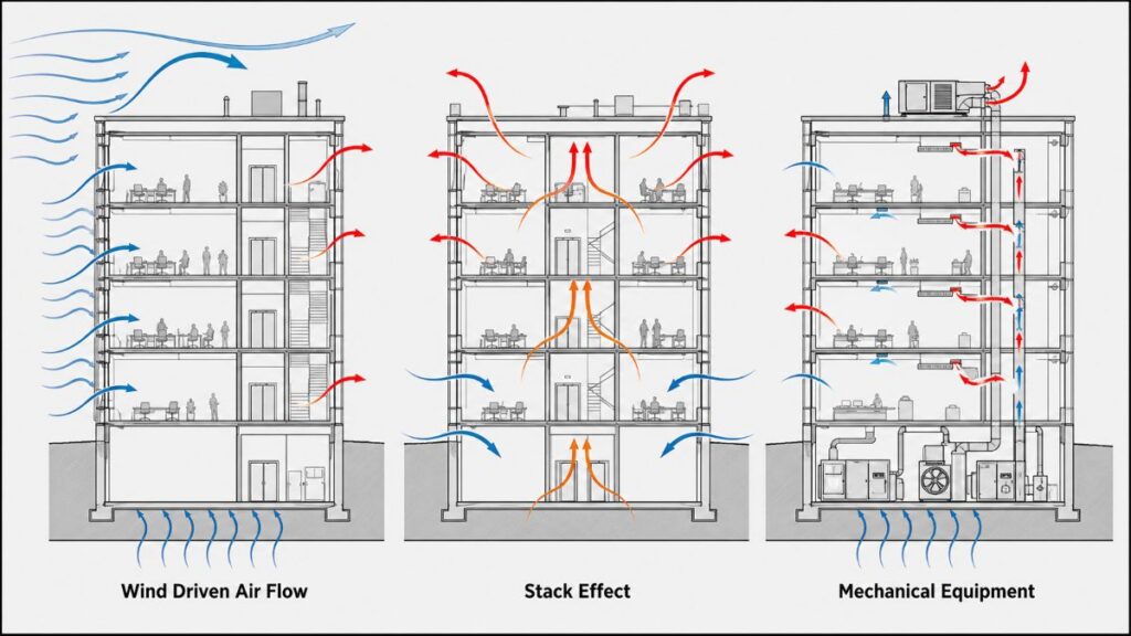 View of Air Leakage Driving Forces on a Typical Commercial Office Building 