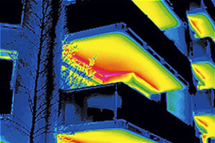 Infrared Thermography Image of Exterior Façade Showing Thermal Bridging at Cantilevered Concrete Balconies