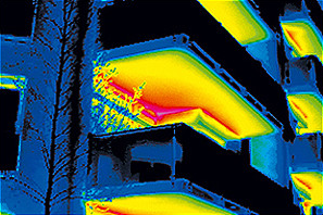 Infrared Thermography Image of Exterior Façade Showing Thermal Bridging at Cantilevered Concrete Balconies