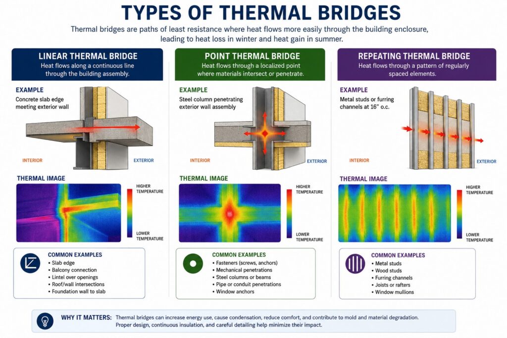 Illustration of Linear, Point, and Repeating Thermal Bridge Typologies in a Commercial Wall Assembly