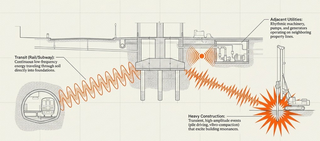 Typical sources of vibration on foundation