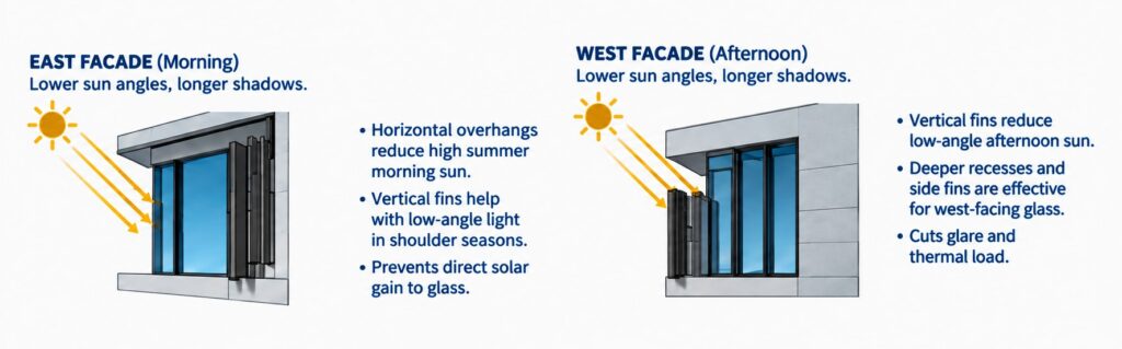 Illustration of Horizontal Overhangs and Vertical Fin Shading for East & West Elevation Facades 