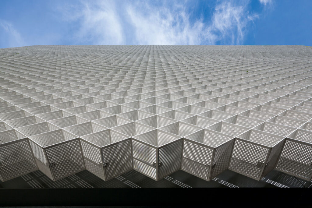 Egg-Crate Combined Shading System Applied to Façade to Provide Solar Protection 