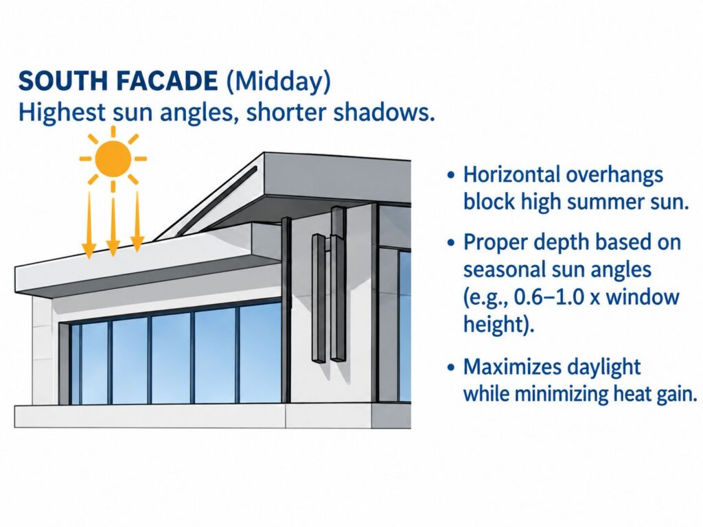 Illustration of Horizontal Overhang Shading for South Elevation Facades 